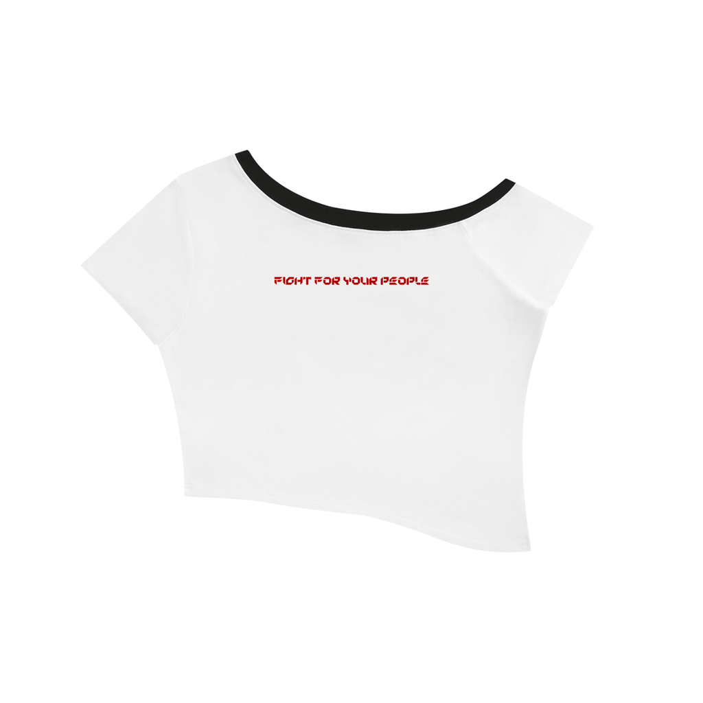 T-shirt Crop Off-Shoulder Contrast Stripe – Nowrocky™ — dekolt zsunięty z ramienia, detal