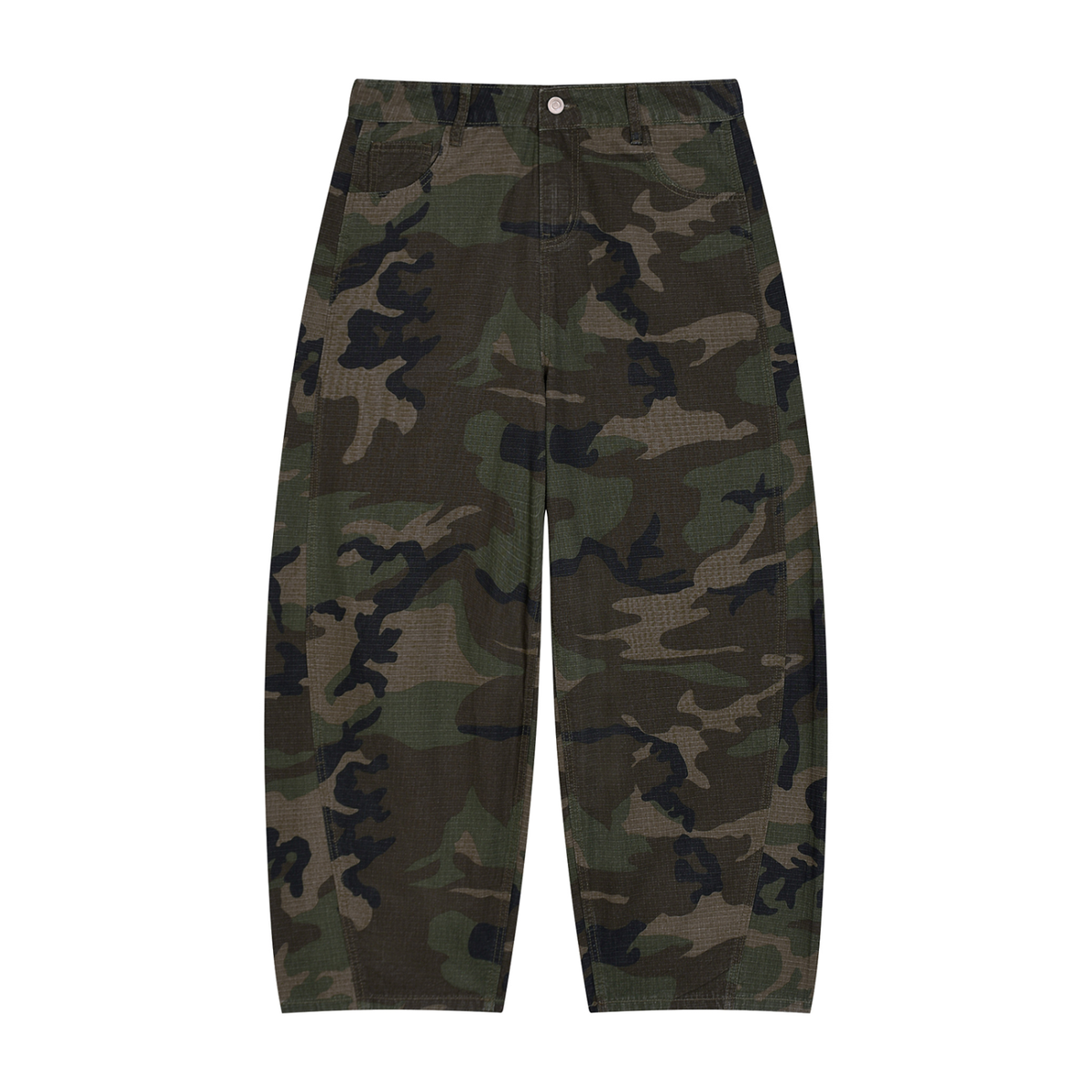 Spodnie Camo Barrel Leg – Nowrocky™ — spodnie w moro o kroju barrel leg, ujęcie z przodu
