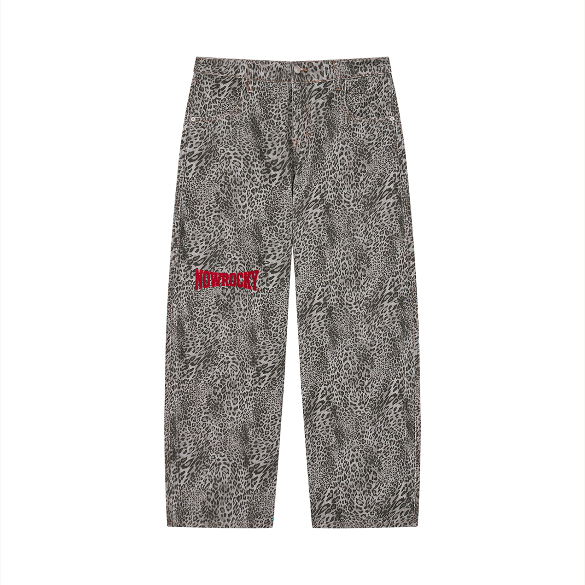 Jeansy Leopard Vintage Wash Wide Leg – Nowrocky™ — spodnie jeansowe w panterkę, przód
