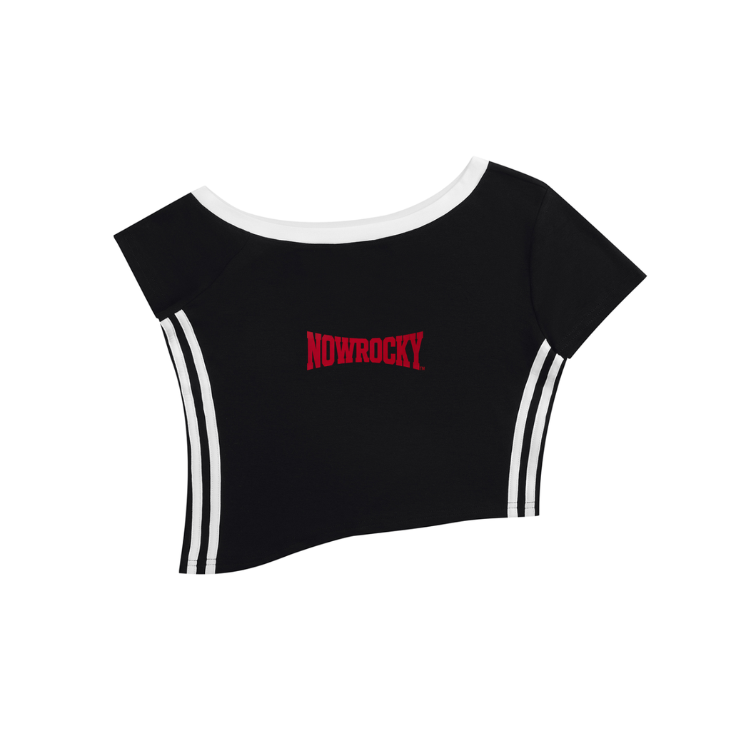 T-shirt Crop Off-Shoulder Contrast Stripe – Nowrocky™ — krótka koszulka z paskiem, przód
