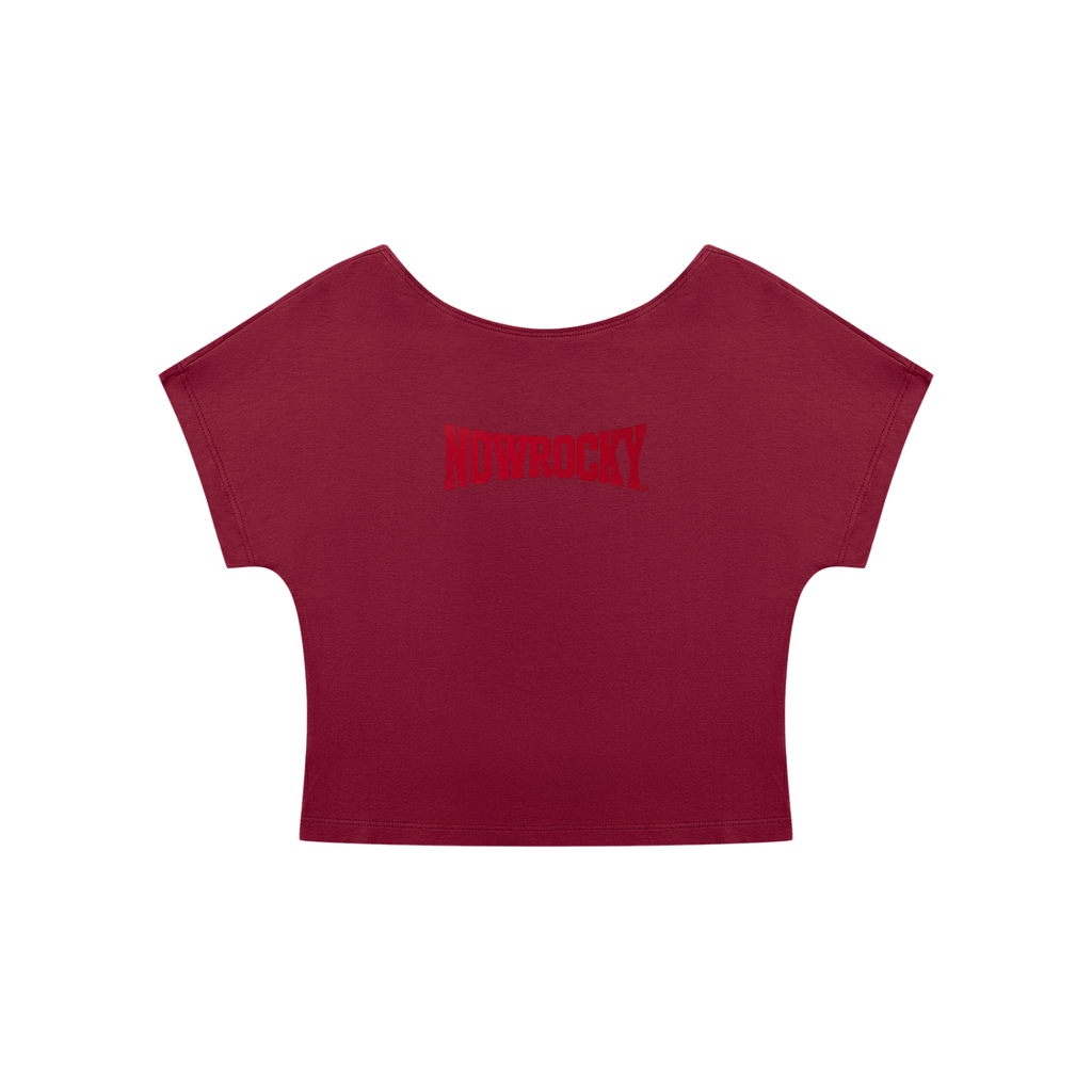 T-shirt Crop Open Back – Nowrocky™ — układ na płasko, strona przednia
