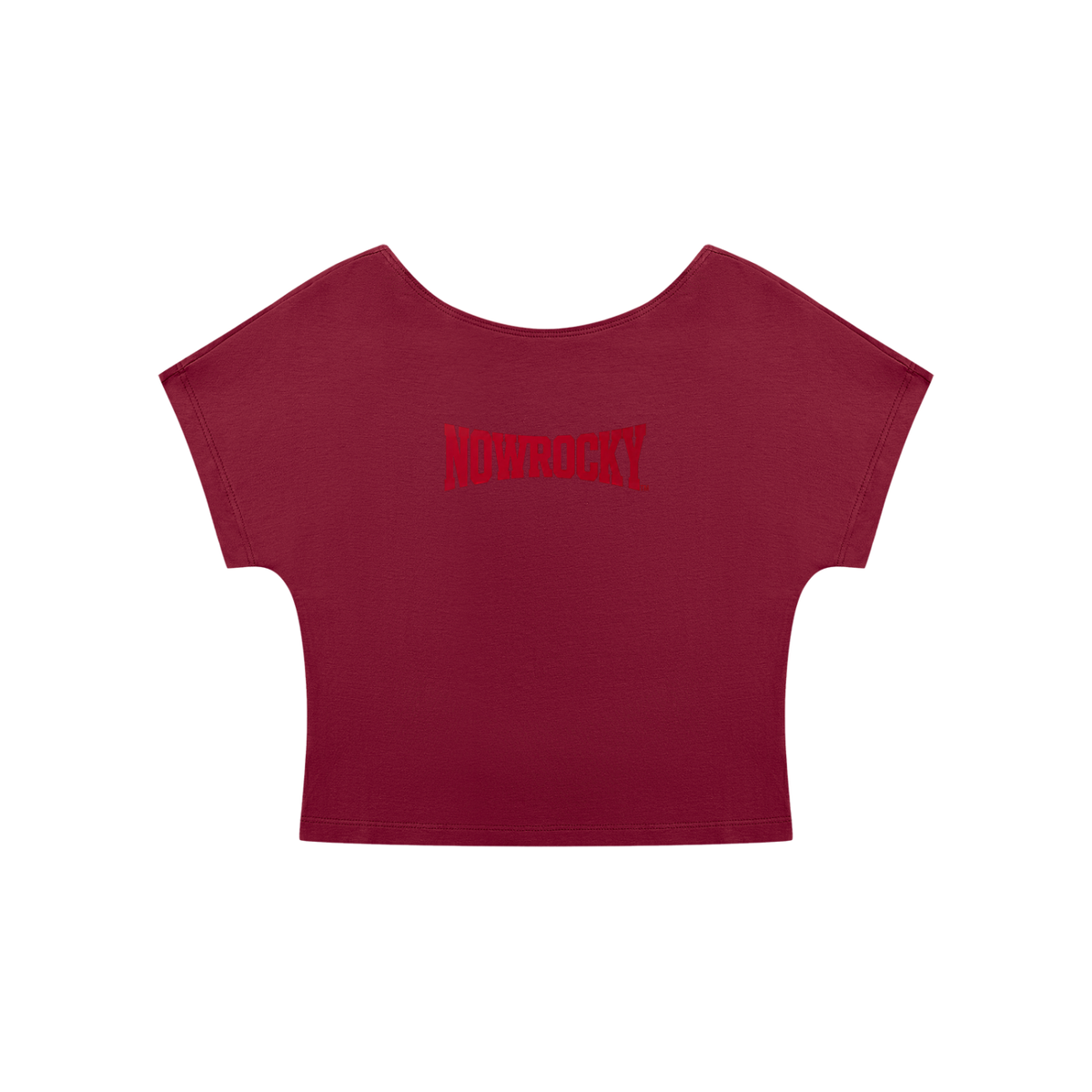 T-shirt Crop Open Back – Nowrocky™ — układ na płasko, strona przednia
