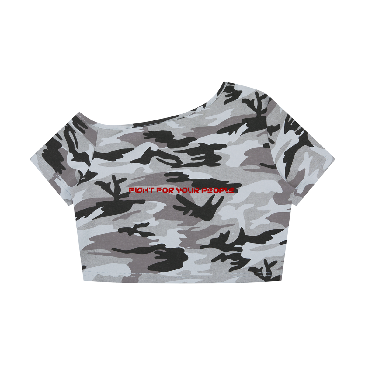 T-shirt Camo Crop Off-Shoulder – Nowrocky™ — koszulka crop top z odkrytym ramieniem, tył