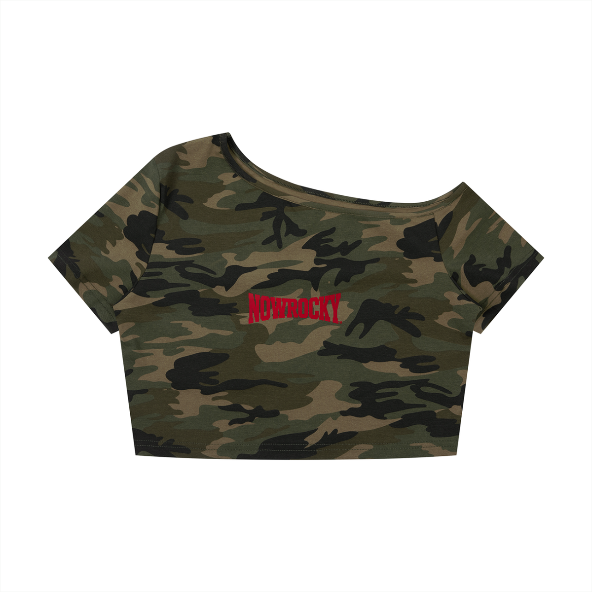 T-shirt Camo Crop Off-Shoulder – Nowrocky™ — rękaw i szew barkowy