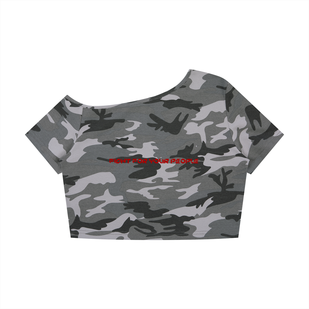 T-shirt Camo Crop Off-Shoulder – Nowrocky™ — krótki dół i wykończenie krawędzi