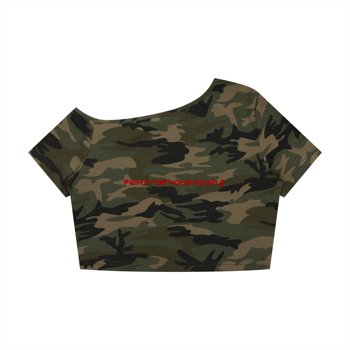T-shirt Camo Crop Off-Shoulder – Nowrocky™ — ujęcie z profilu, luźny krój