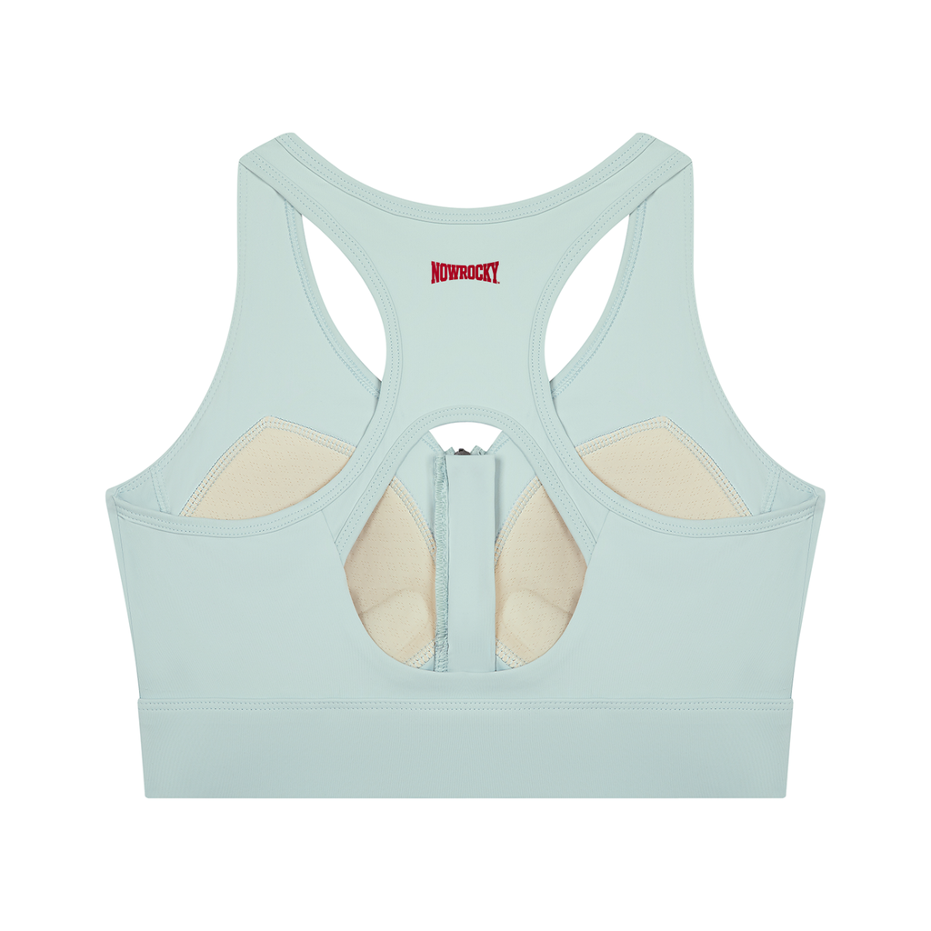 Biustonosz Sportowy Cropped Zip Racerback – Nowrocky™ — suwak na środku dekoltu, zbliżenie