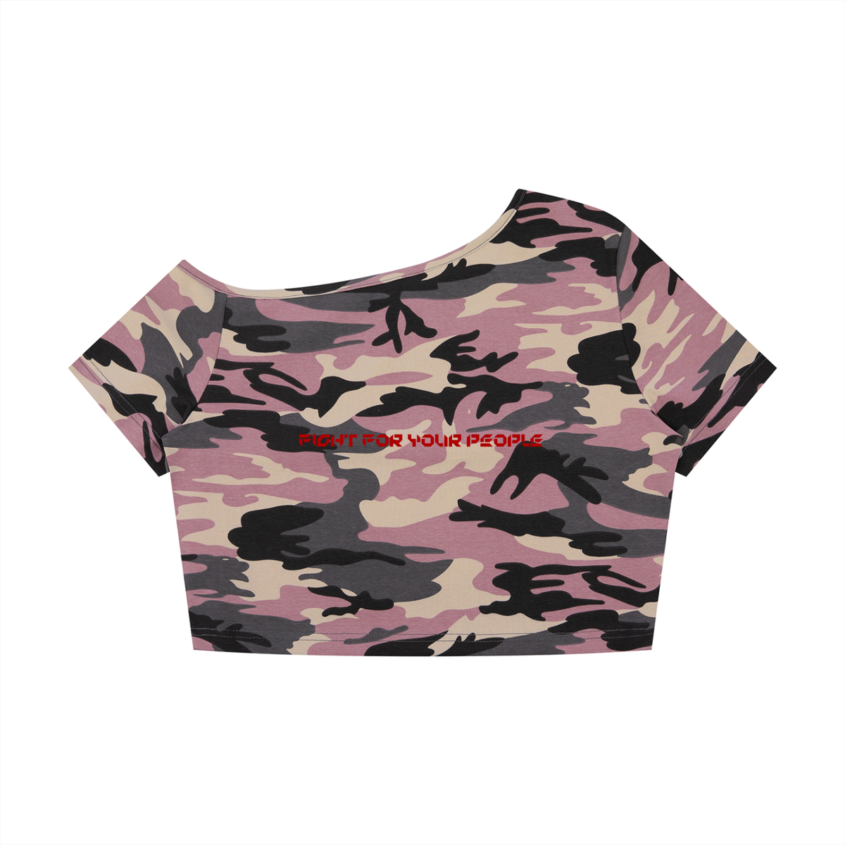 T-shirt Camo Crop Off-Shoulder – Nowrocky™ — dekolt opadający z ramienia, detal