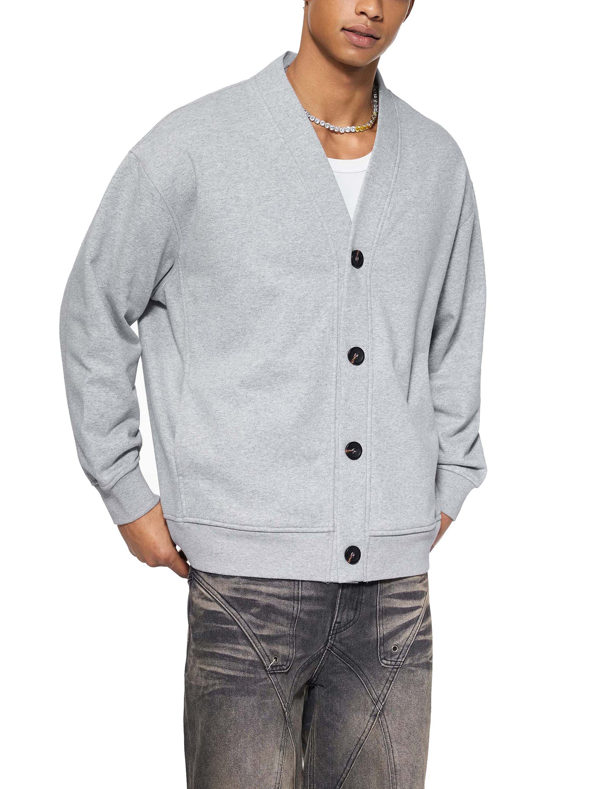 Bluza Kardigan Heavyweight V-Neck – Nowrocky™ — dolny ściągacz i szew boczny