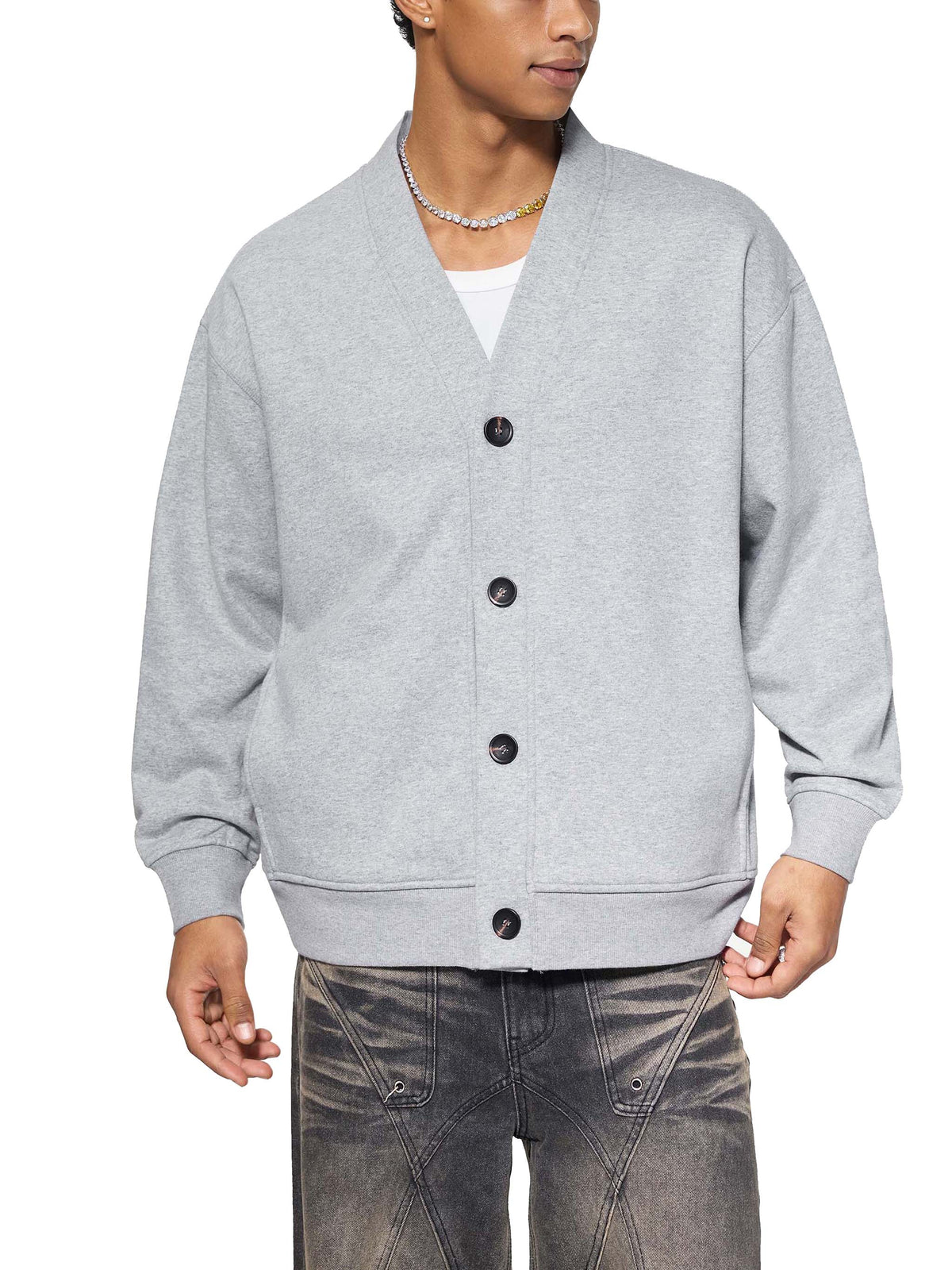 Bluza Kardigan Heavyweight V-Neck – Nowrocky™ — faktura ciężkiej dzianiny w zbliżeniu
