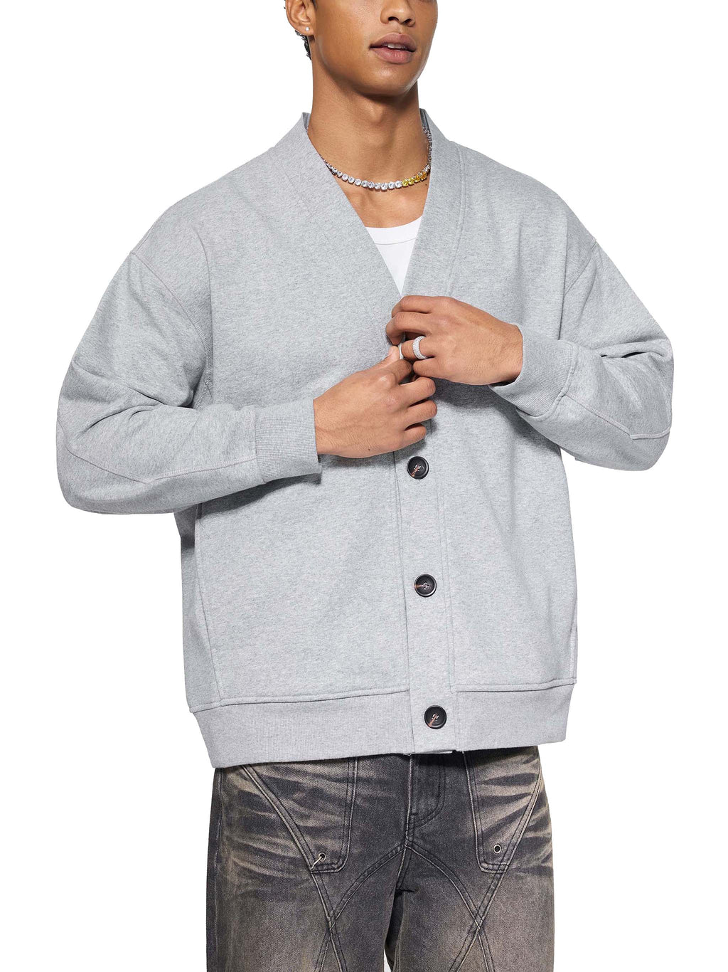 Bluza Kardigan Heavyweight V-Neck – Nowrocky™ — układ na płasko, pełny krój