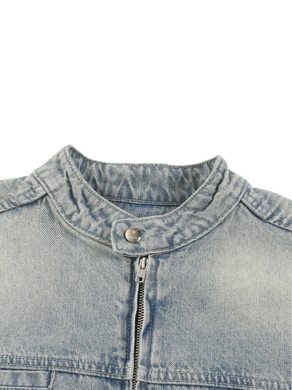 Kurtka Jeansowa Vintage Wash Zip – Nowrocky™ — kołnierz i wykończenie przy szyi