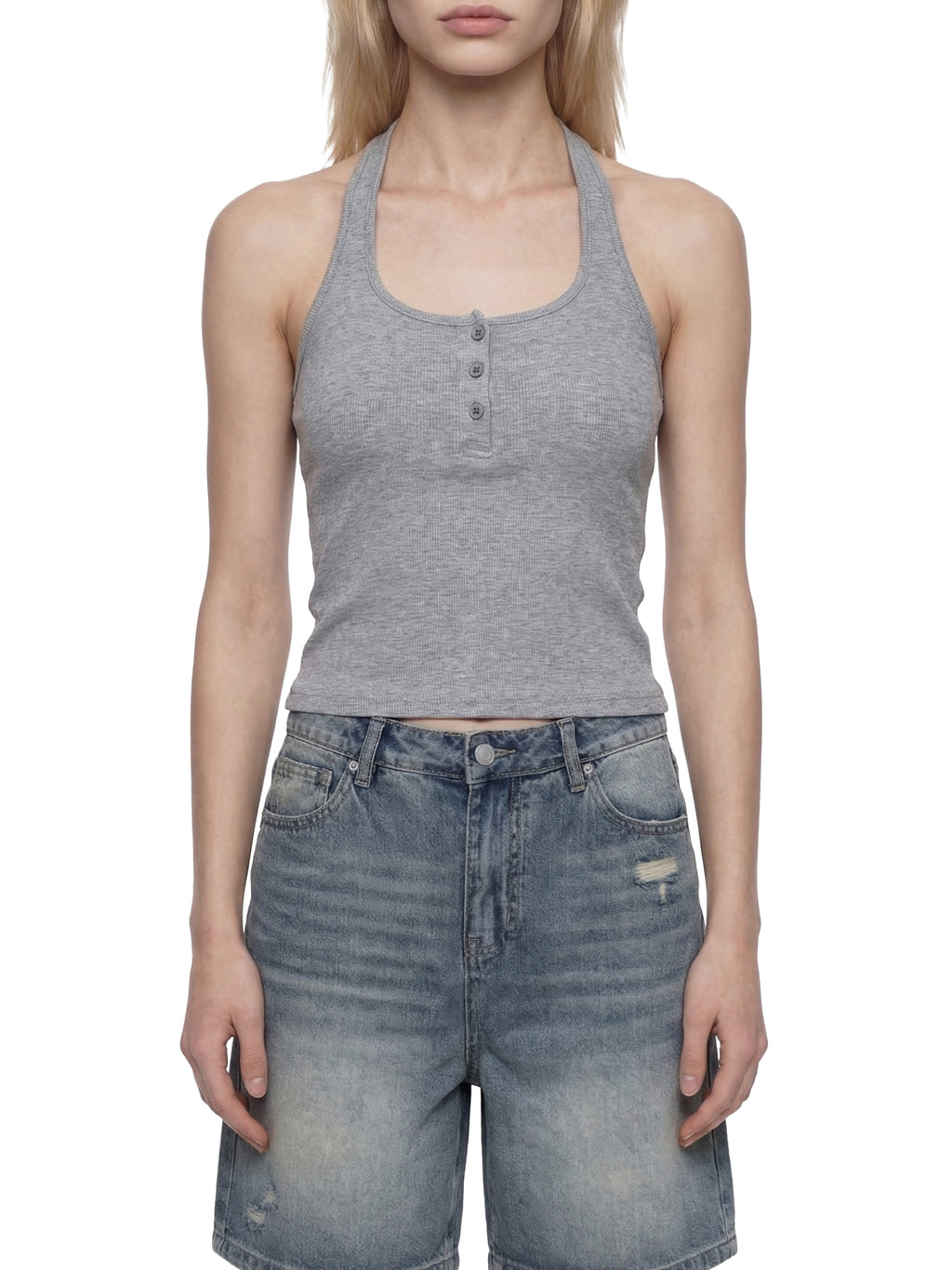 Tank Top Ribbed Henley – Nowrocky™ — układ na płasko, całe ujęcie