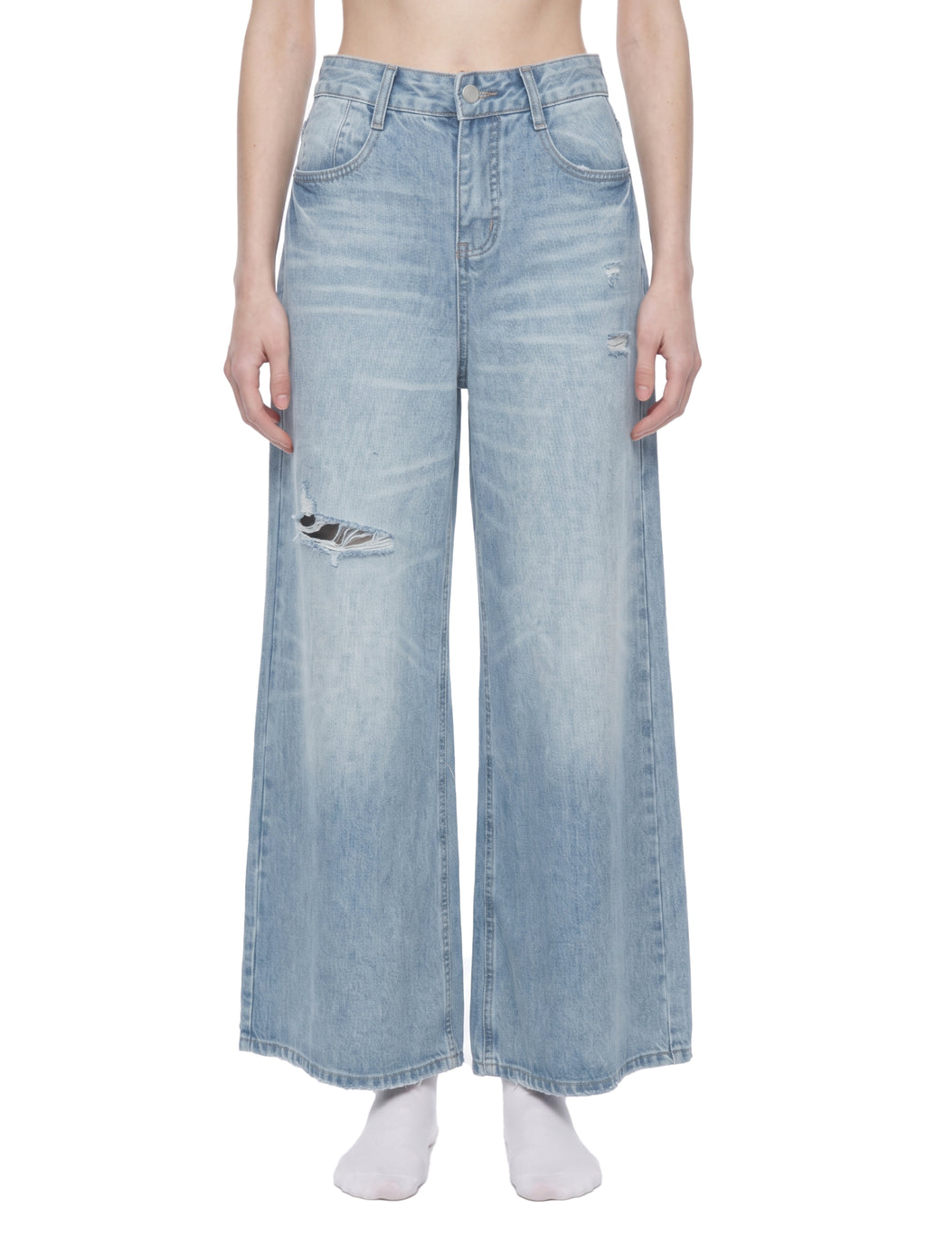 Jeansy Damskie Vintage Wash Distressed Wide Leg – Nowrocky™ — zbliżenie na przetarcia