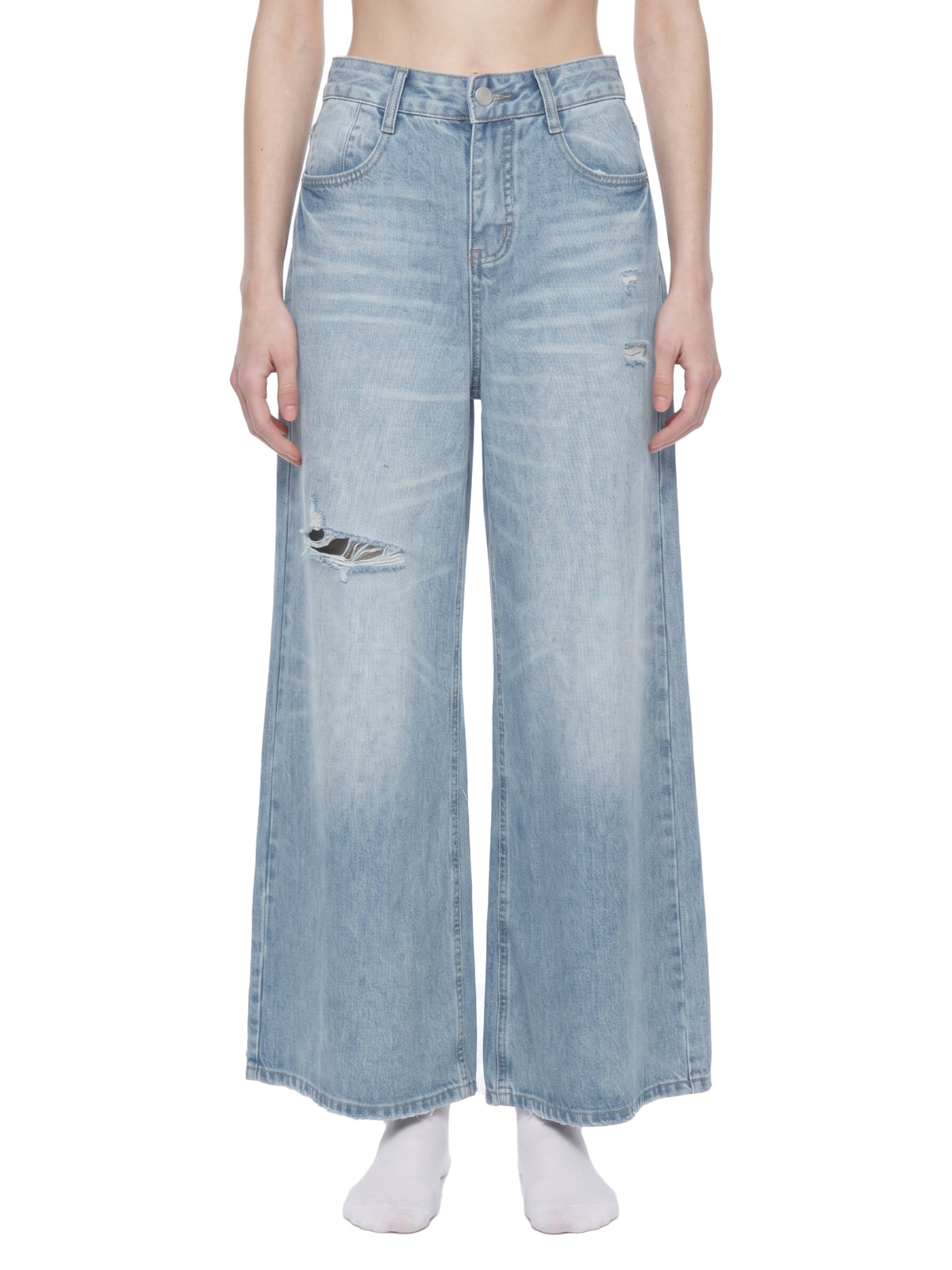 Jeansy Damskie Vintage Wash Distressed Wide Leg – Nowrocky™ — zbliżenie na przetarcia