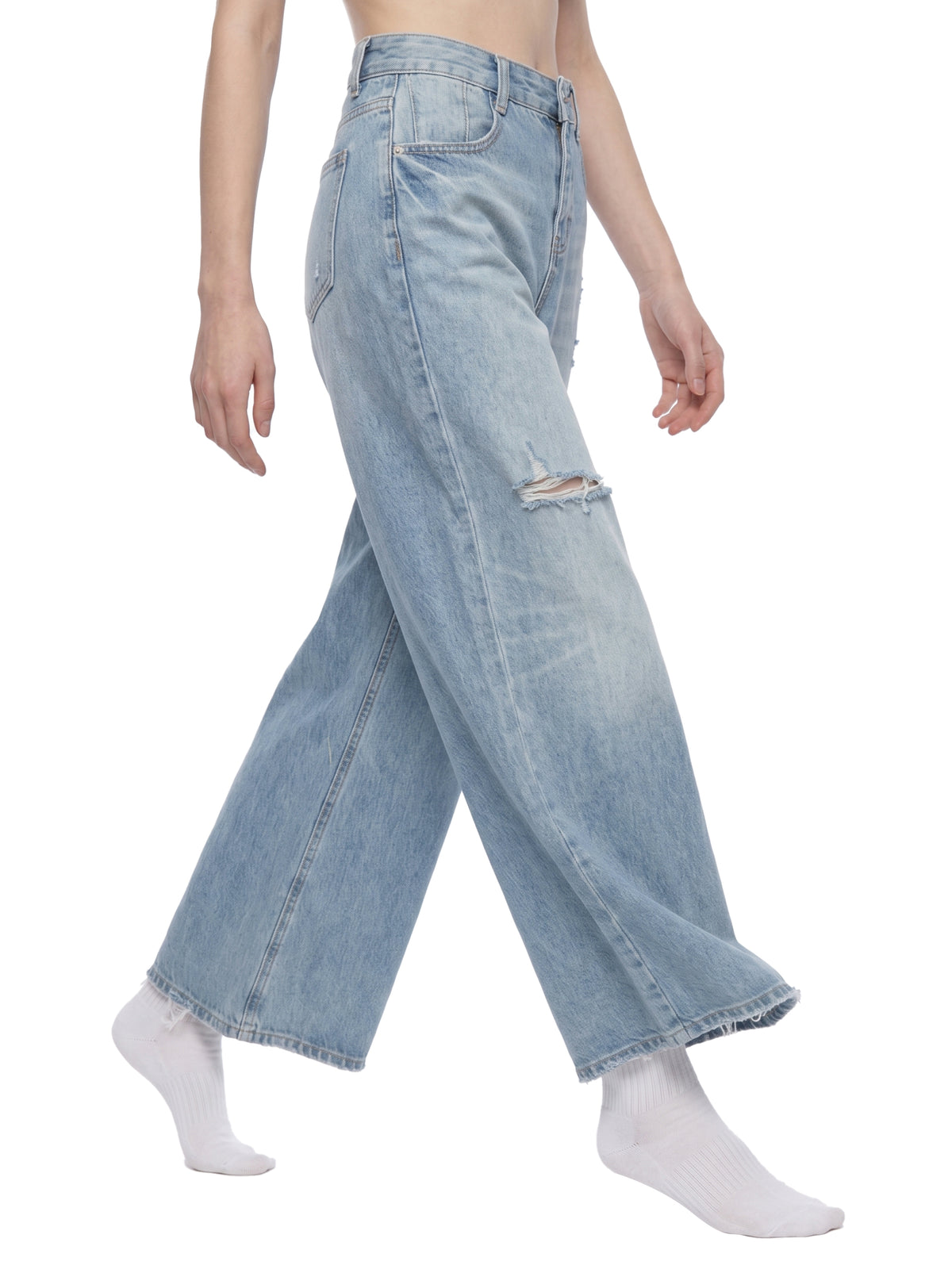 Jeansy Damskie Vintage Wash Distressed Wide Leg – Nowrocky™ — przednia kieszeń z bliska