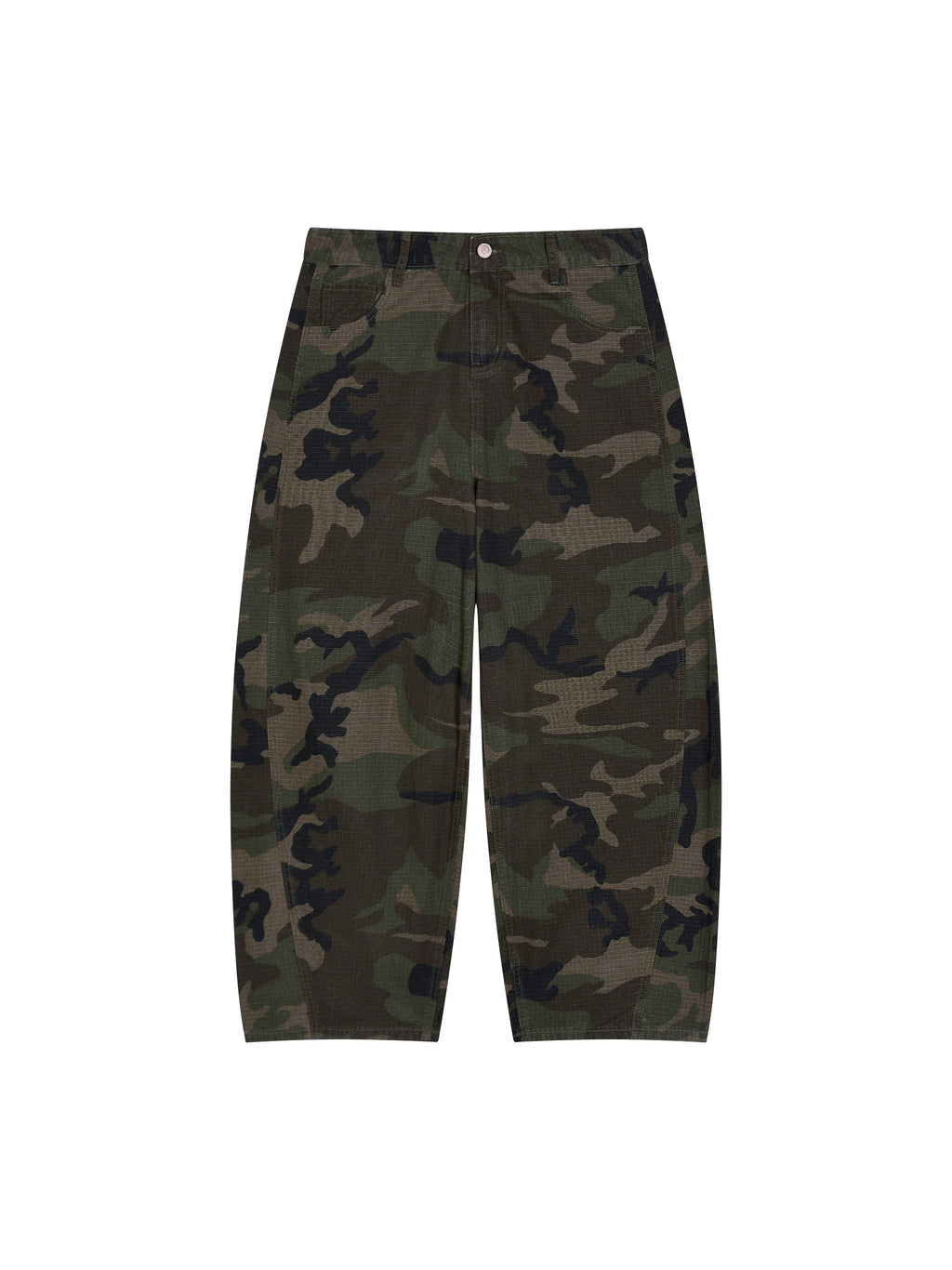 Spodnie Camo Barrel Leg – Nowrocky™ — spodnie moro na modelu, pełna sylwetka