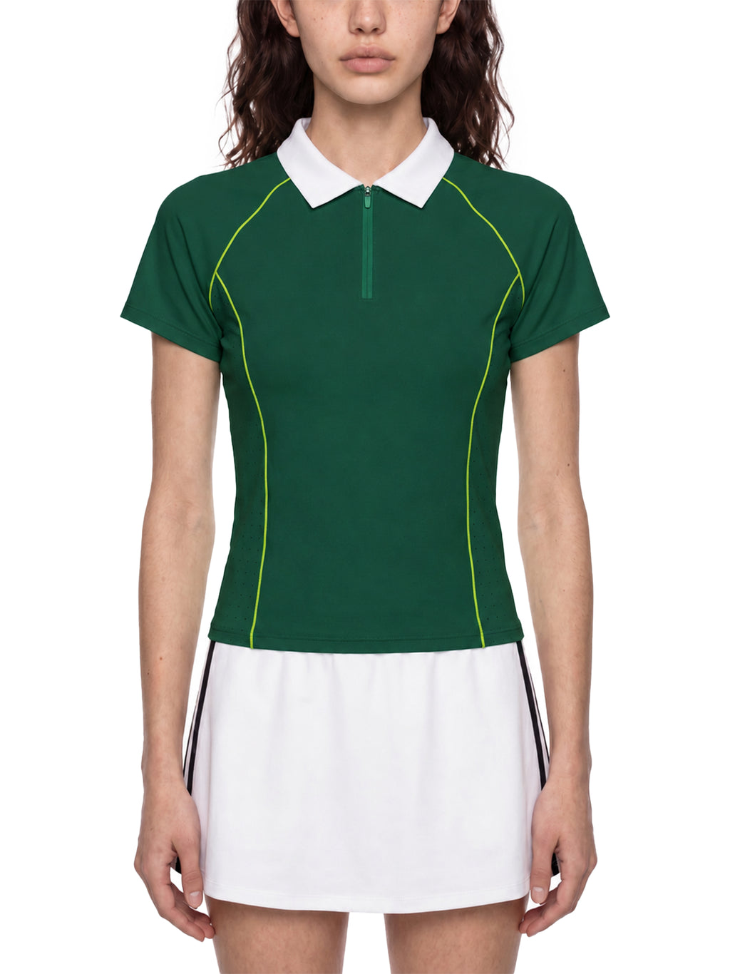 Polo Damskie Quarter-Zip Contrast Collar – Nowrocky™ — wykończenie pach i wszycie rękawa