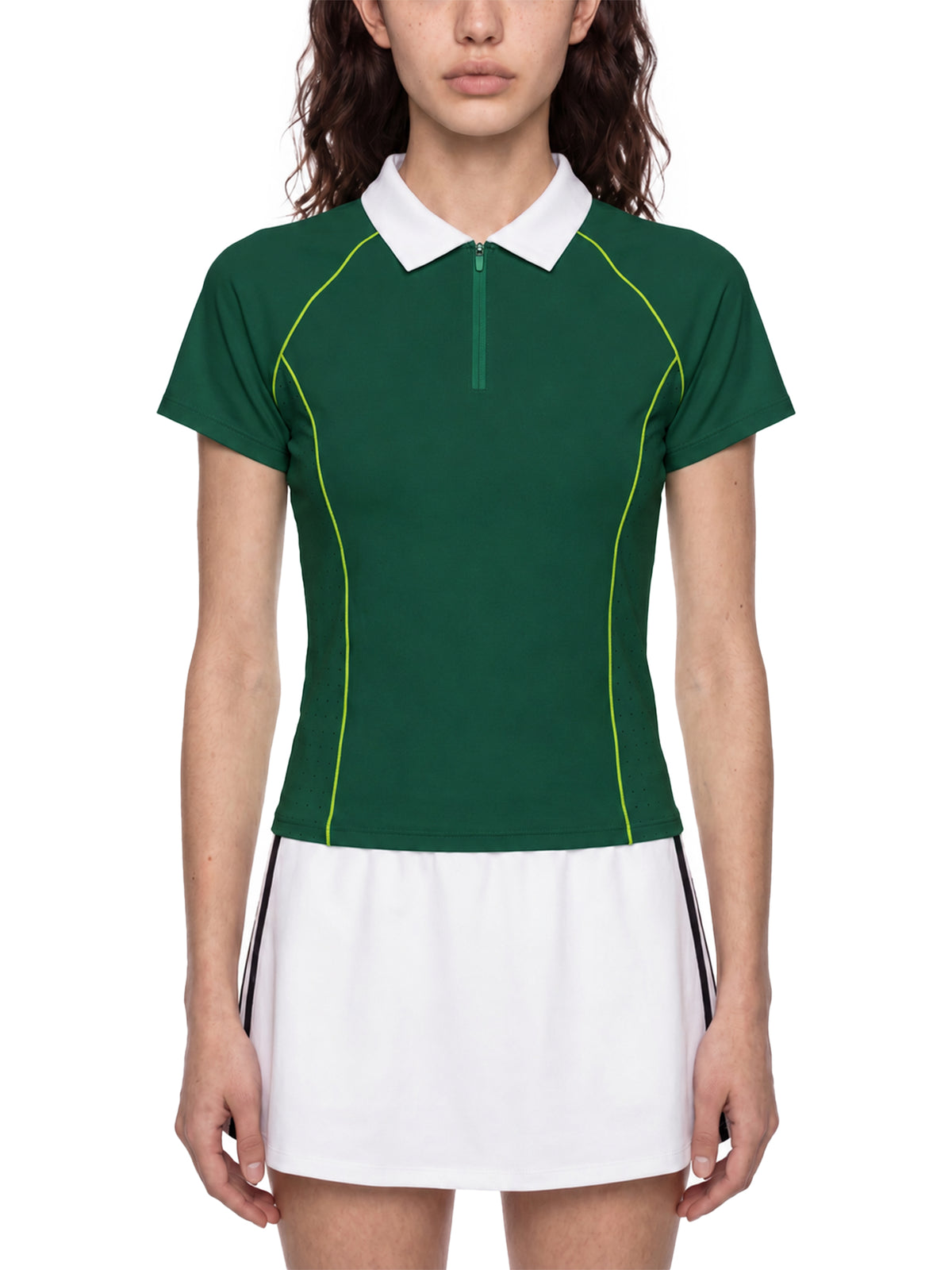 Polo Damskie Quarter-Zip Contrast Collar – Nowrocky™ — wykończenie pach i wszycie rękawa