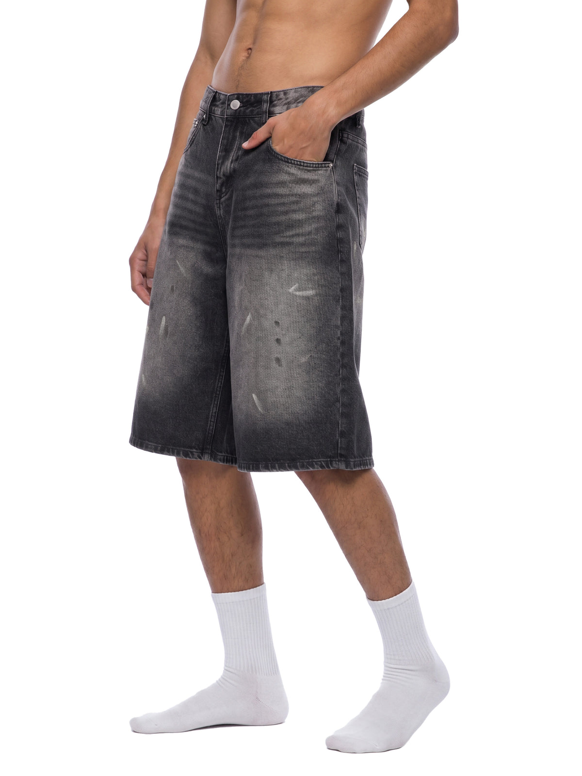 Szorty Jeansowe Vintage Wash Wide Leg – Nowrocky™ — przednia kieszeń z bliska