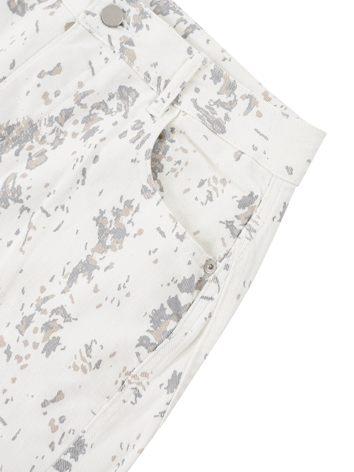 Jeansy Barrel Leg Splatter – Nowrocky™ — układ na płasko w kadrze studyjnym