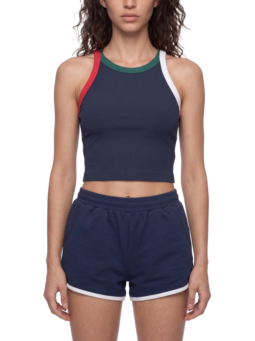 Tank Top Color Block Prążkowany – Nowrocky™ — logo marki na piersi, kadr makro