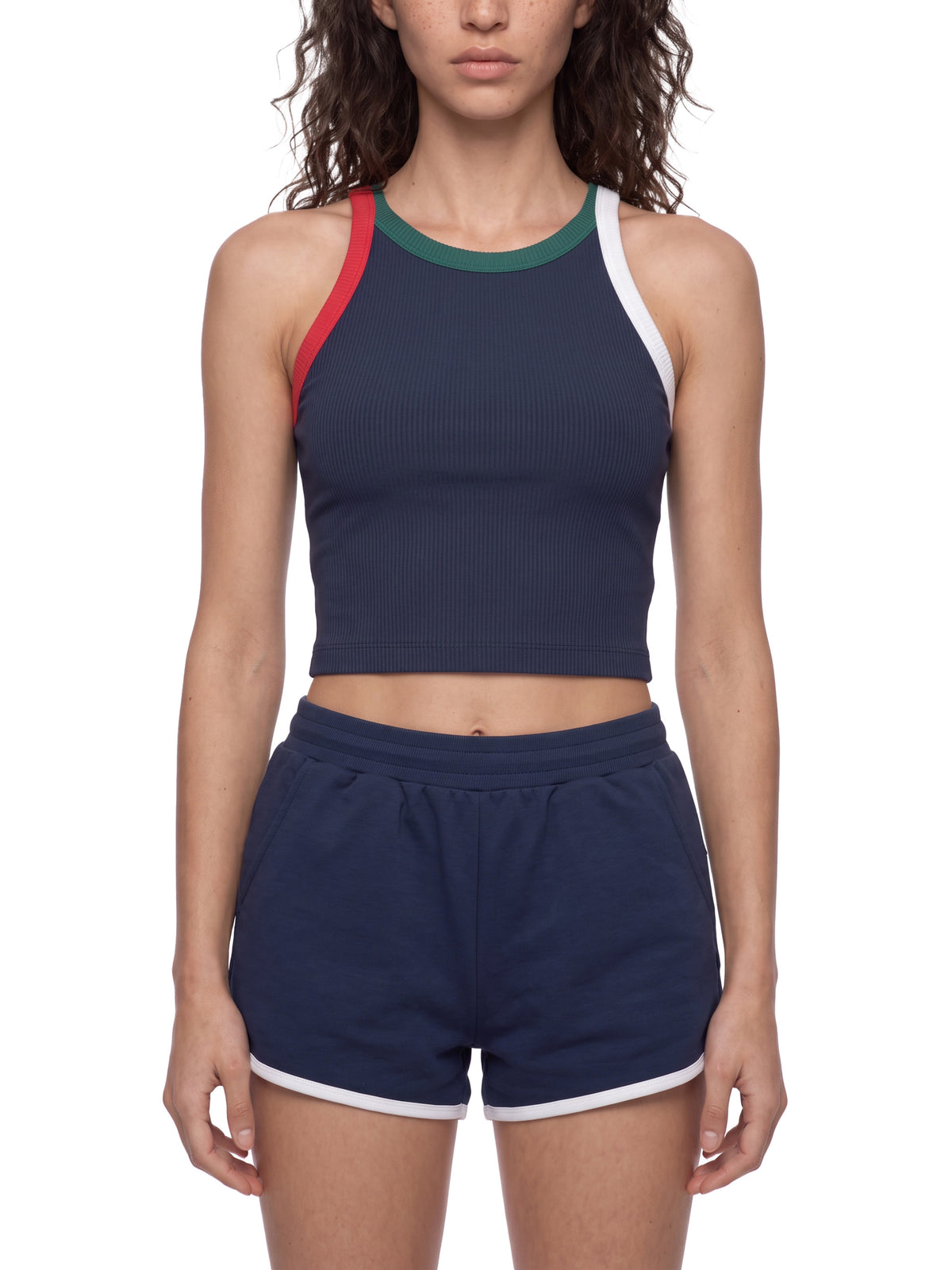 Tank Top Color Block Prążkowany – Nowrocky™ — logo marki na piersi, kadr makro