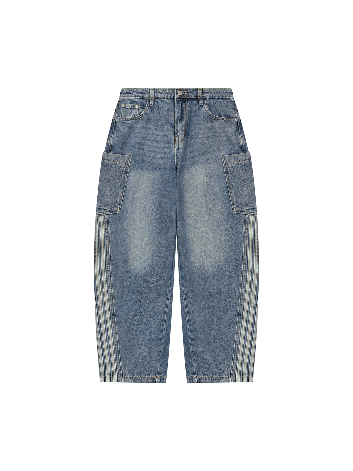 Jeansy Barrel Leg Vintage Wash – Nowrocky™ — zbliżenie na przetarcia vintage wash