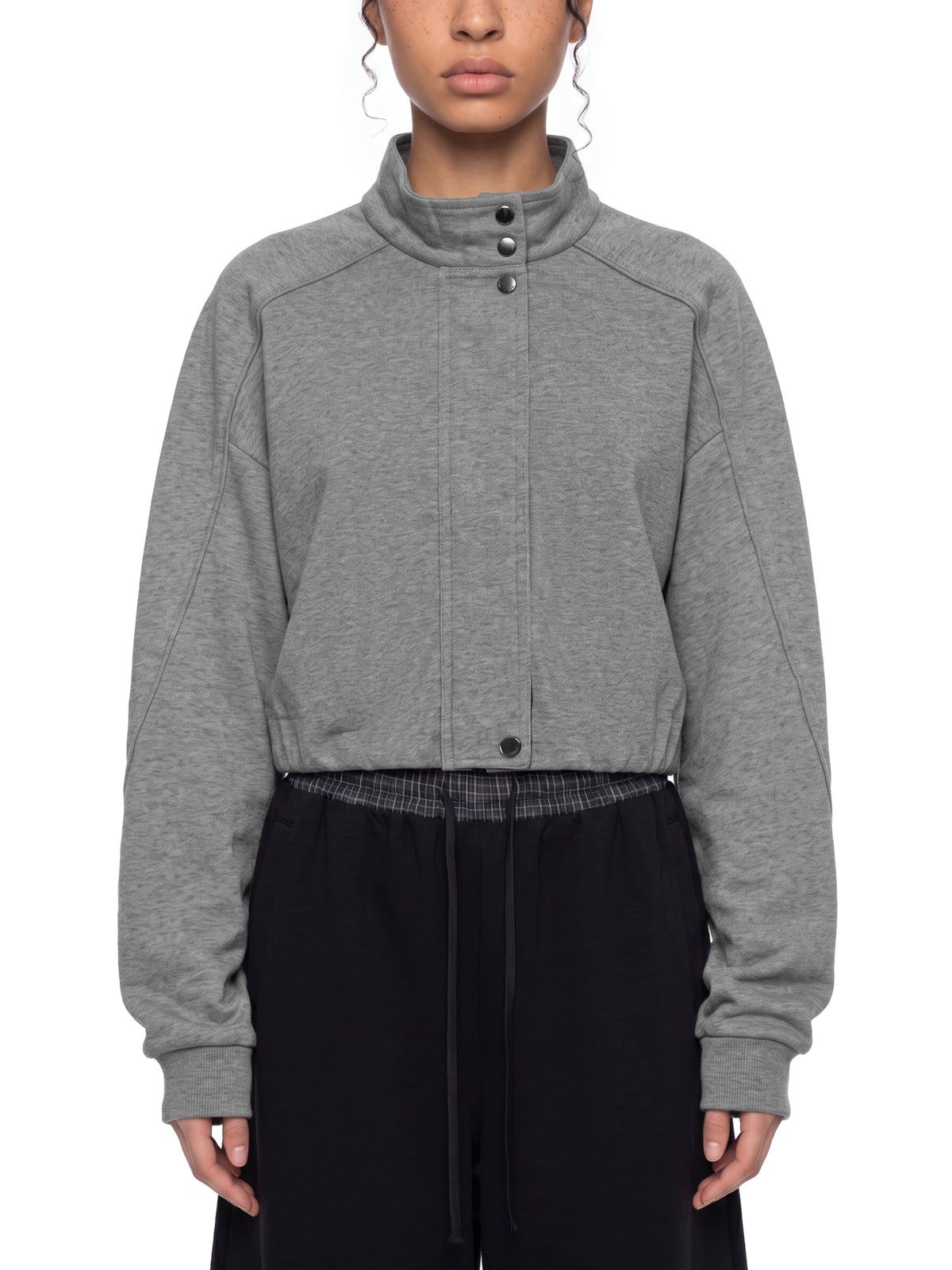 Kurtka Damska Cropped ze Stójką – Nowrocky™ — ujęcie z profilu, krój przy ciele