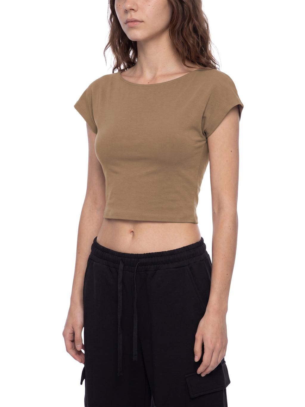 T-shirt Crop Open Back – Nowrocky™ — detal przeszyć bocznych