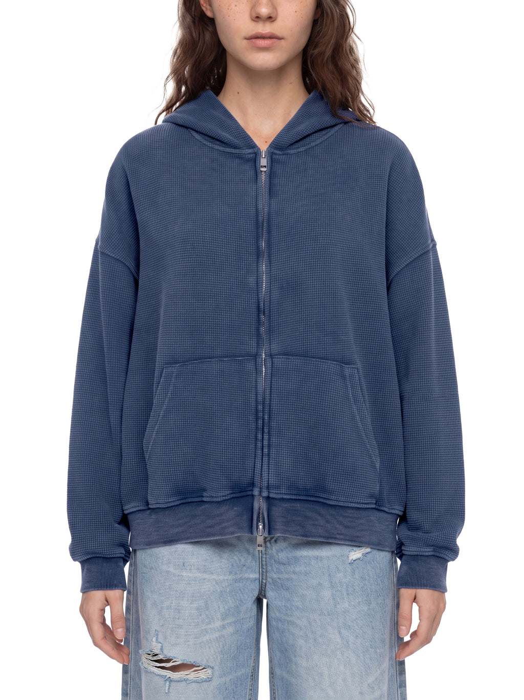 Bluza Boxy Waffle Vintage Wash – Nowrocky™ — zbliżenie na nadruk na piersi