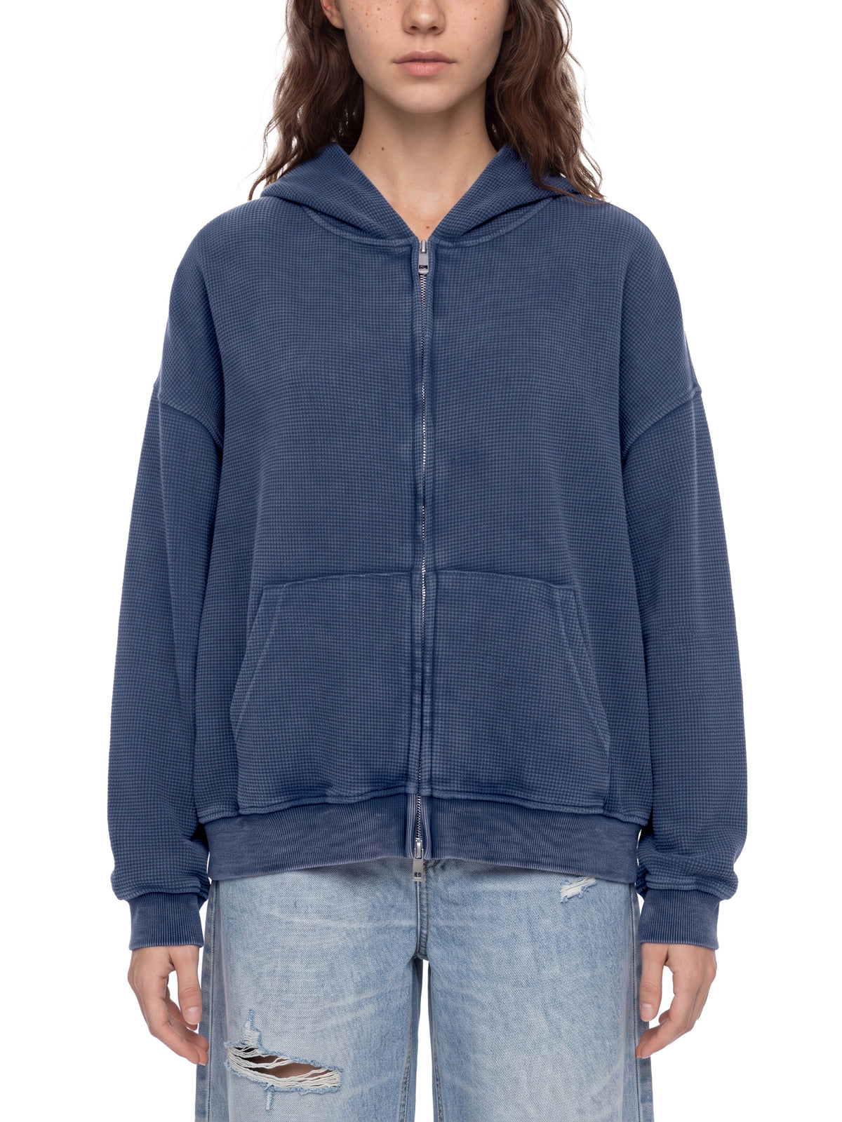 Bluza Boxy Waffle Vintage Wash – Nowrocky™ — zbliżenie na nadruk na piersi