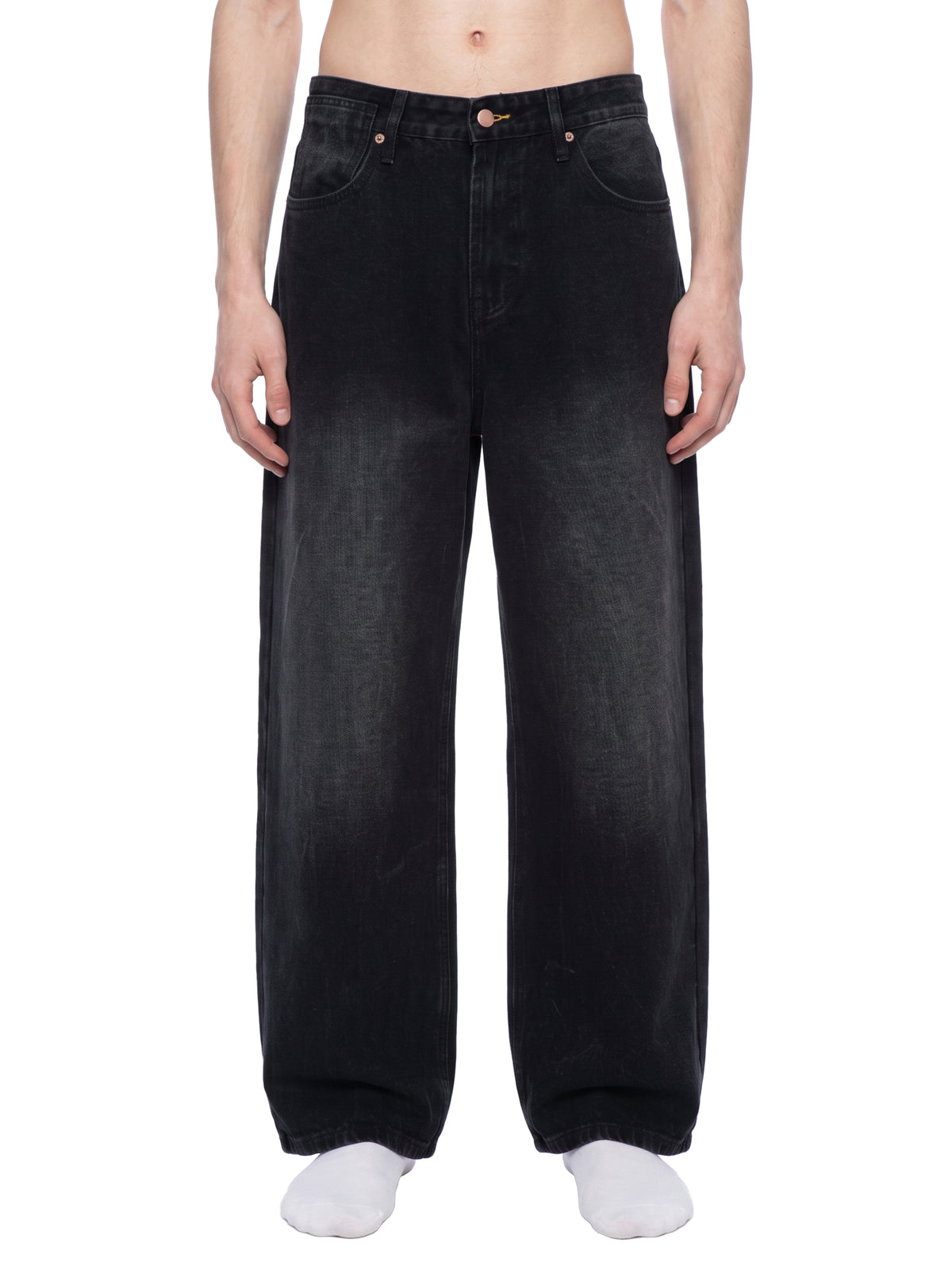 Jeansy Wide Leg Vintage Wash – Nowrocky™ — zbliżenie na przetarcia vintage wash