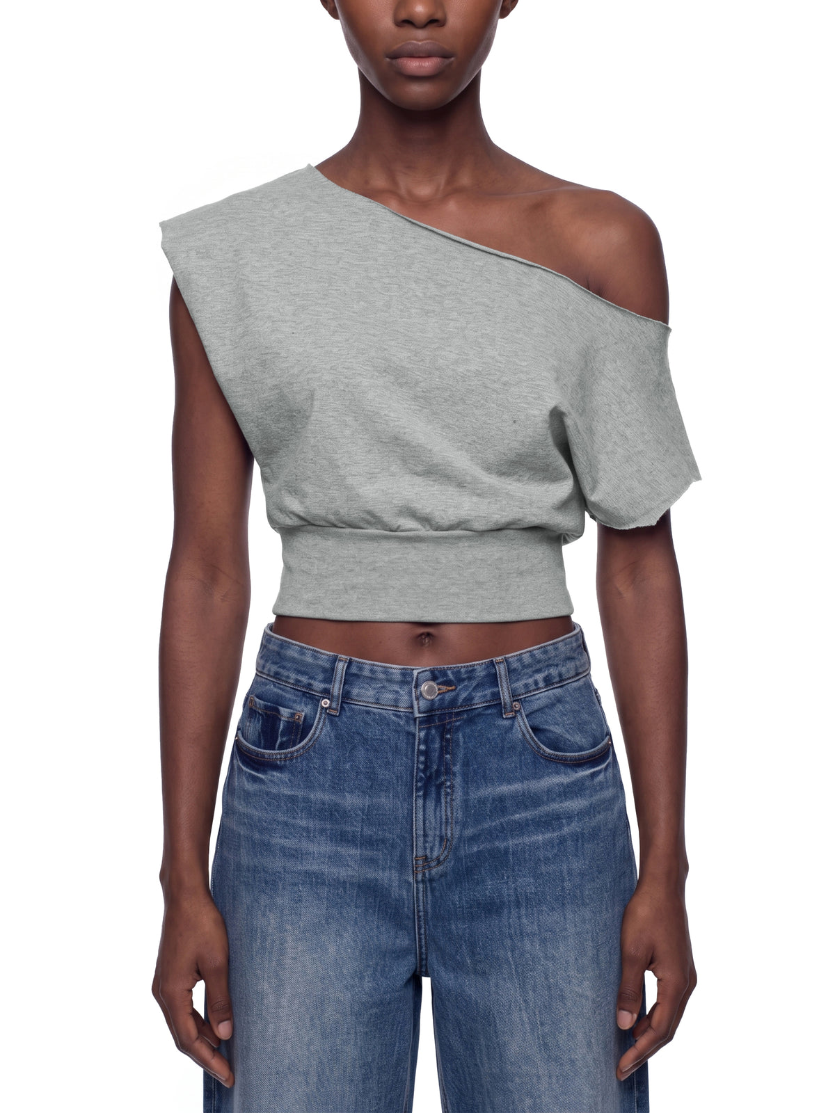 T-shirt Boatneck Raw Edge Crop – Nowrocky™ — układ na płasko, strona przednia
