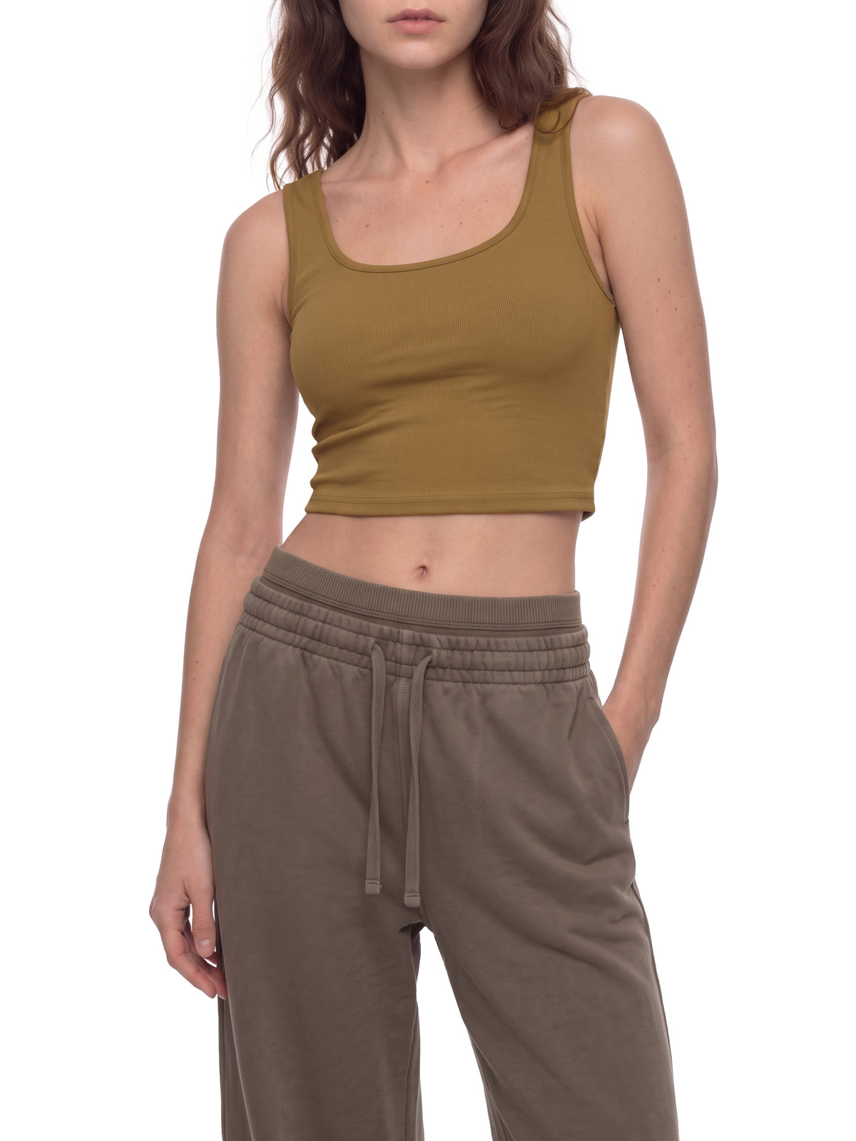 Tank Top Crop Bodycon – Nowrocky™ — kadr do pasa, ułożenie tkaniny