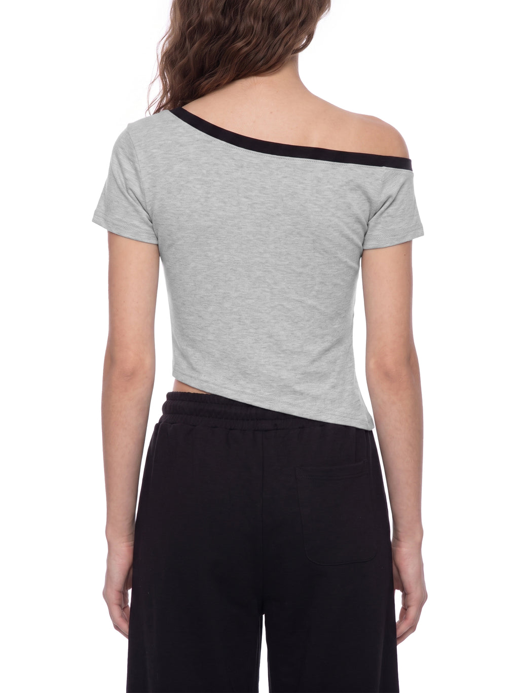 T-shirt Crop Off-Shoulder Contrast Stripe – Nowrocky™ — faktura dzianiny z bliska