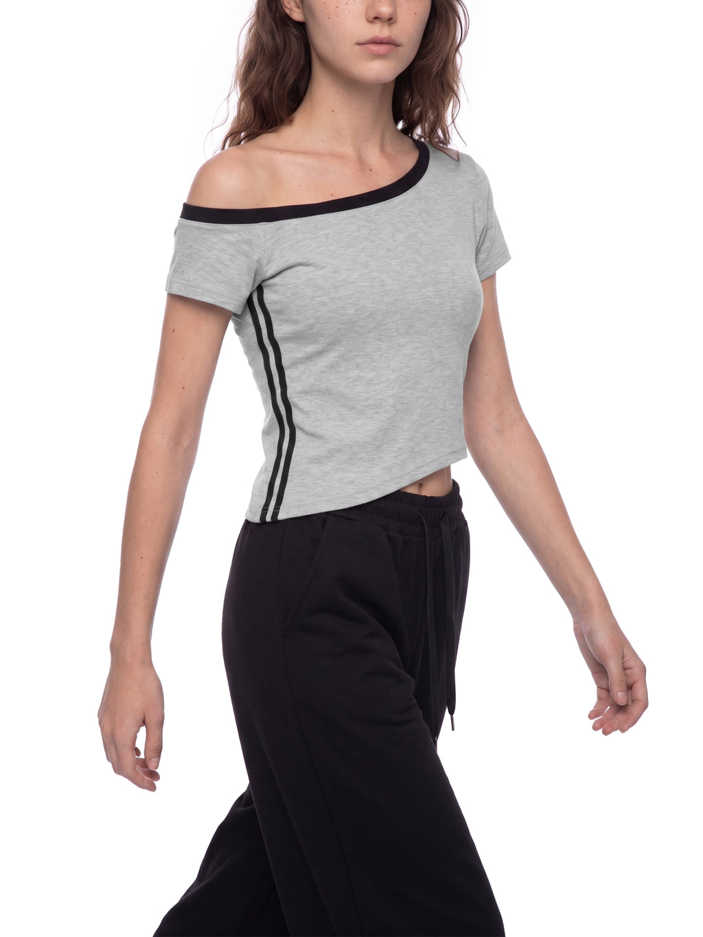 T-shirt Crop Off-Shoulder Contrast Stripe – Nowrocky™ — stylizacja uliczna ze spodniami