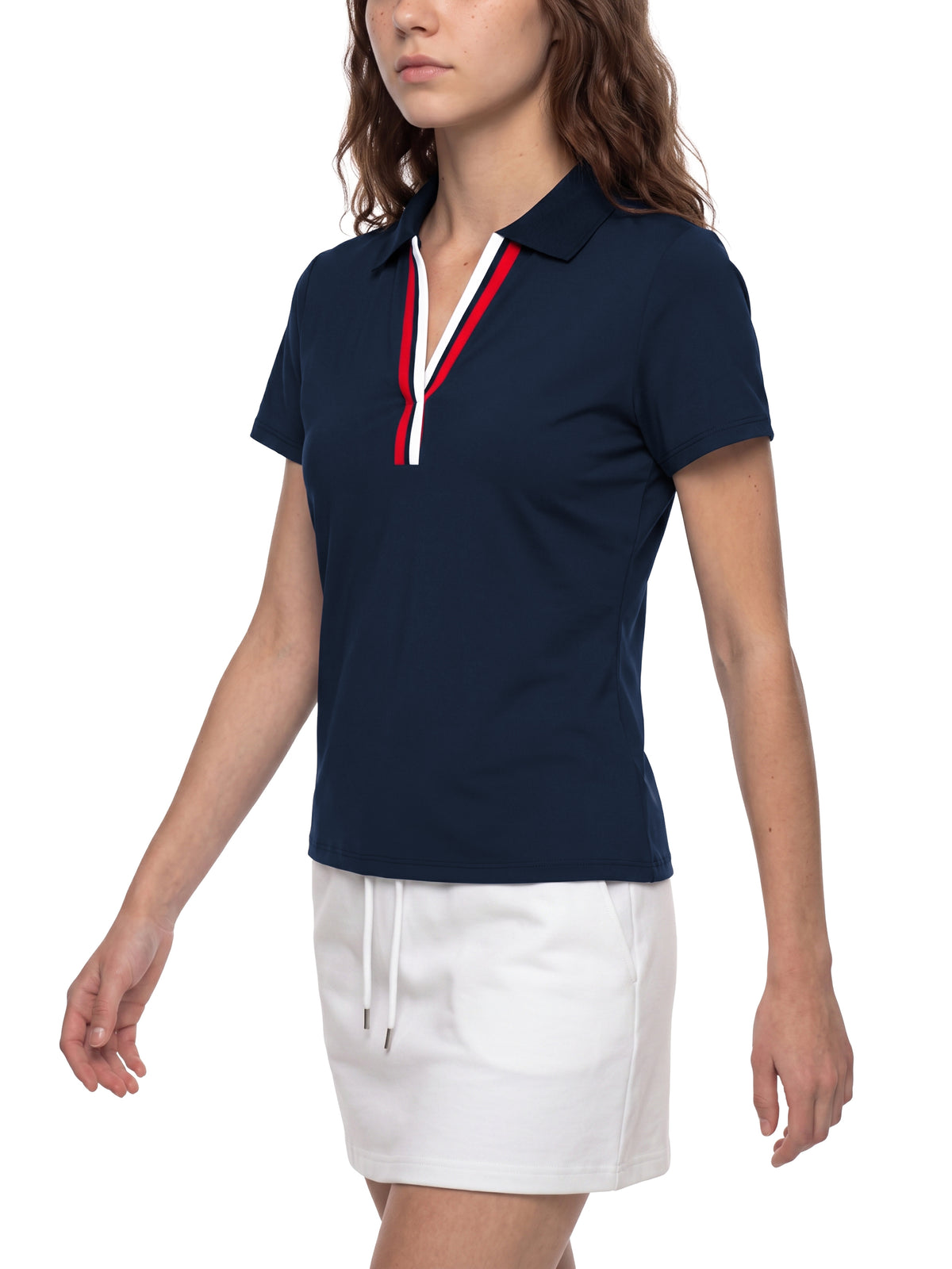 Polo Damskie Color Block Contrast Placket – Nowrocky™ — wykończenie kołnierzyka, zbliżenie