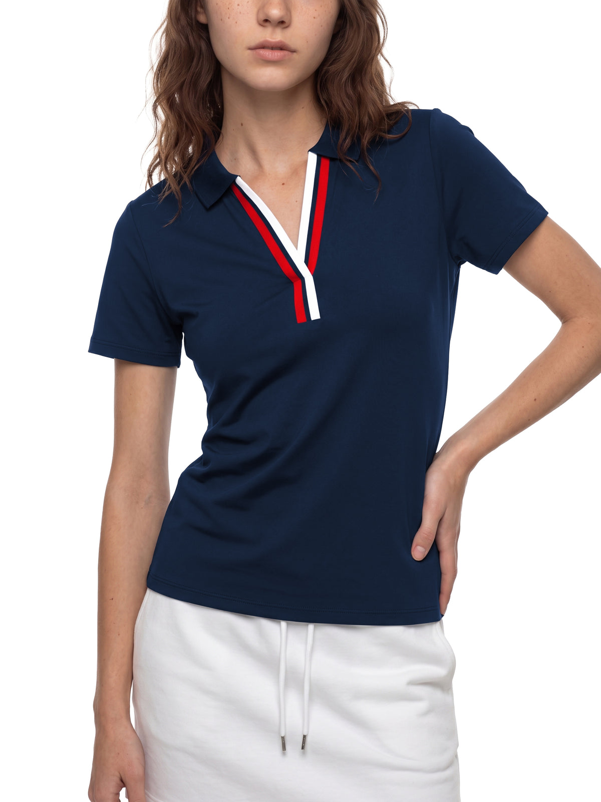Polo Damskie Color Block Contrast Placket – Nowrocky™ — linia talii widoczna na sylwetce