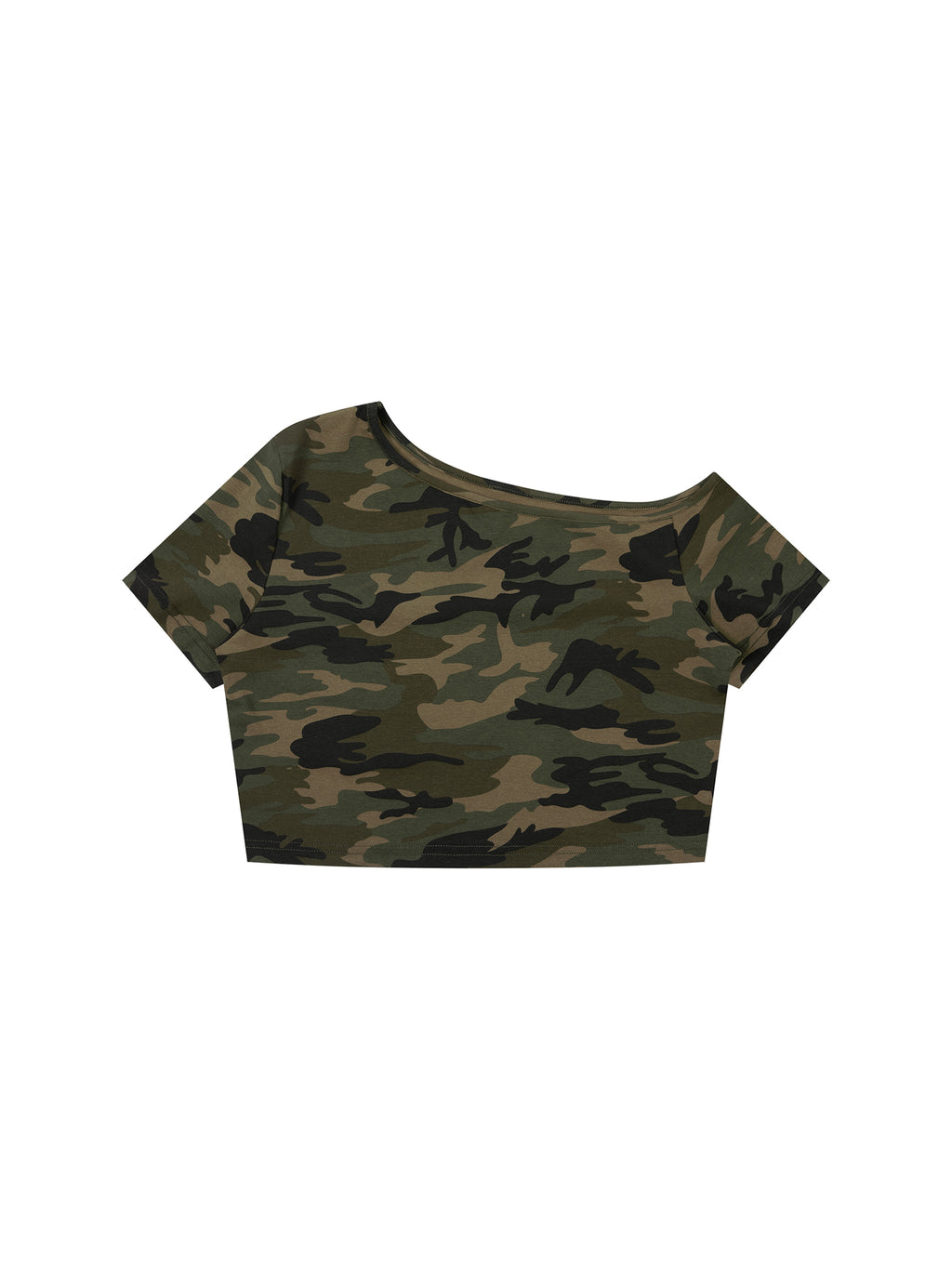 T-shirt Camo Crop Off-Shoulder – Nowrocky™ — układ na płasko na jasnym tle