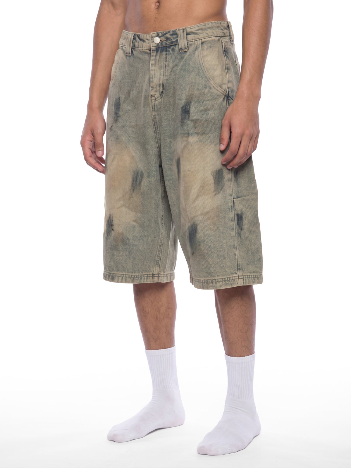 Szorty Jeansowe Vintage Wash – Nowrocky™ — układ na płasko, pełny krój