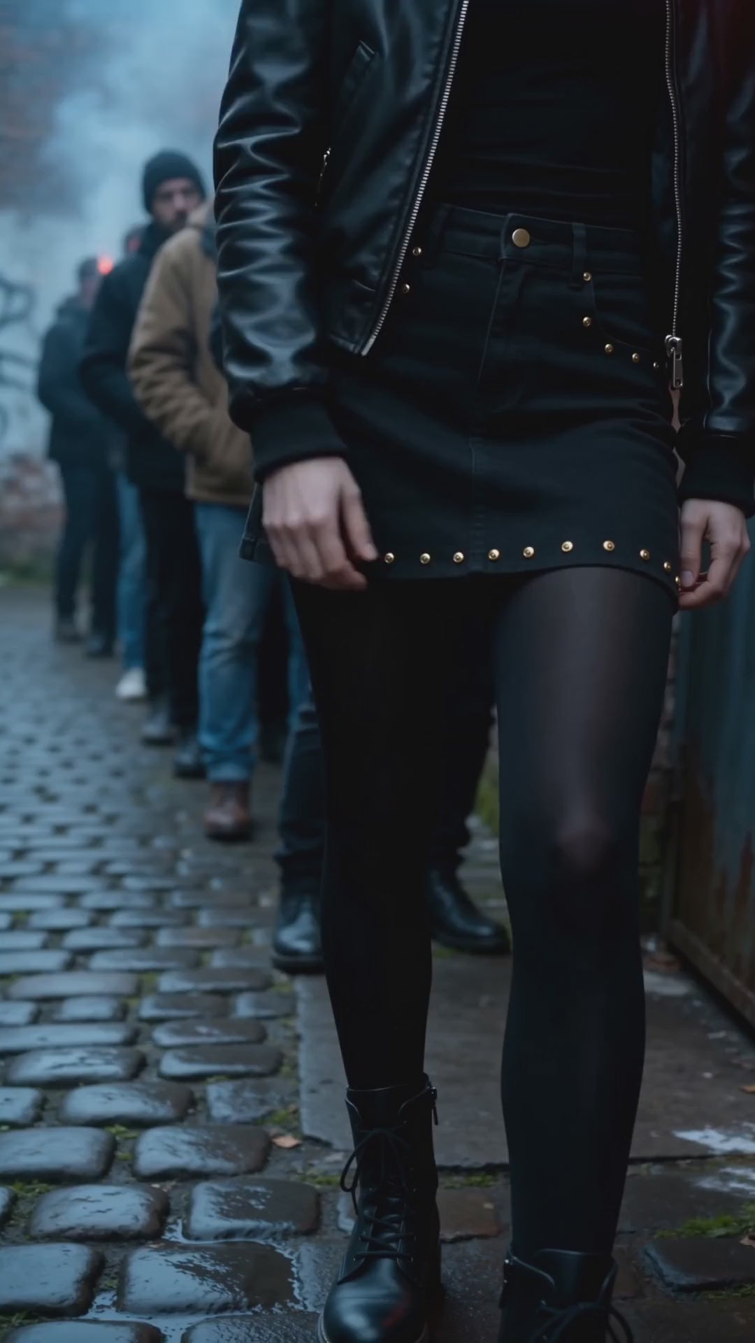 Spódnica Jeansowa Mini z Ćwiekami Nowrocky™ — kadr od pasa w dół: czarna spódnica mini z ćwiekami, rajstopy i wysokie buty na bruku, w tle kolejka ludzi i dym, noc.