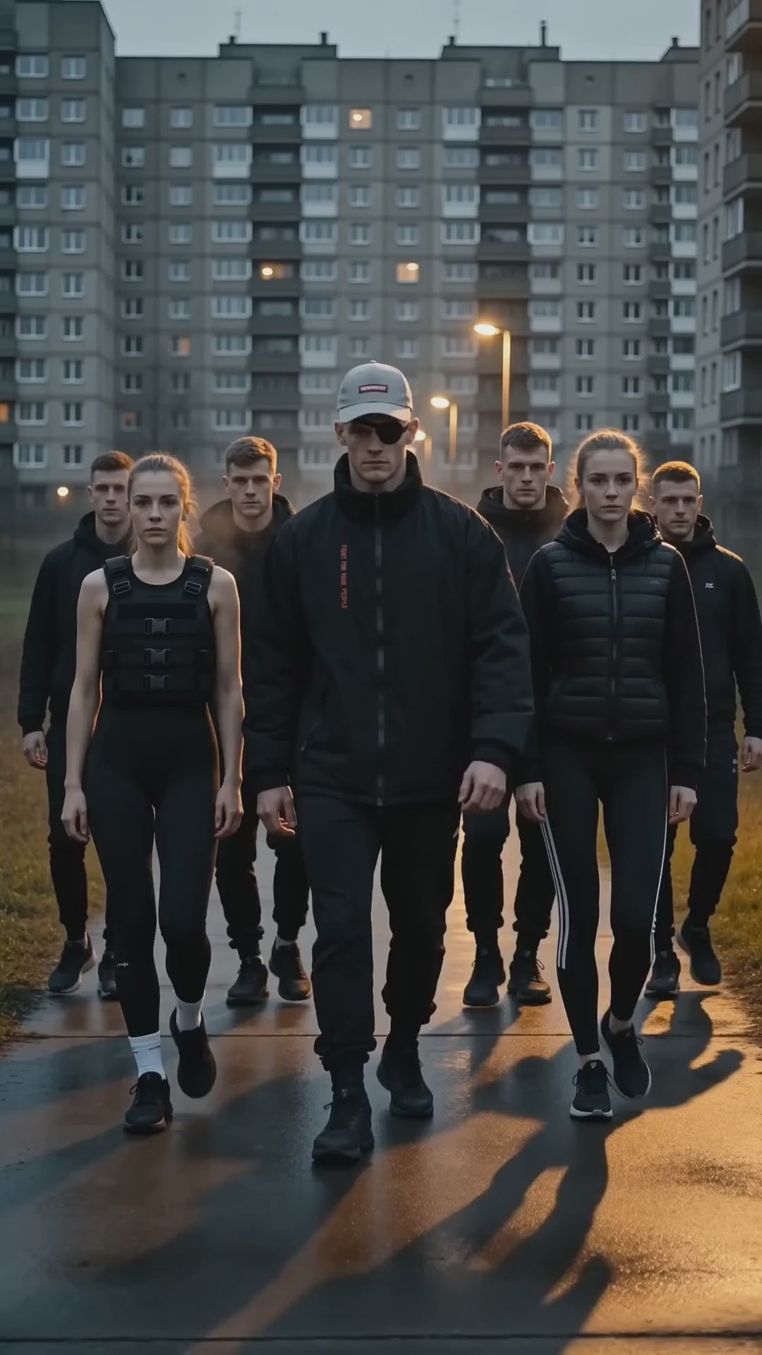 Kurtka ze Stójką Heavyweight Nowrocky™ — ośmioosobowa ekipa w czerni idzie w stronę kamery po mokrym asfalcie między blokami, zmierzch, długie cienie.