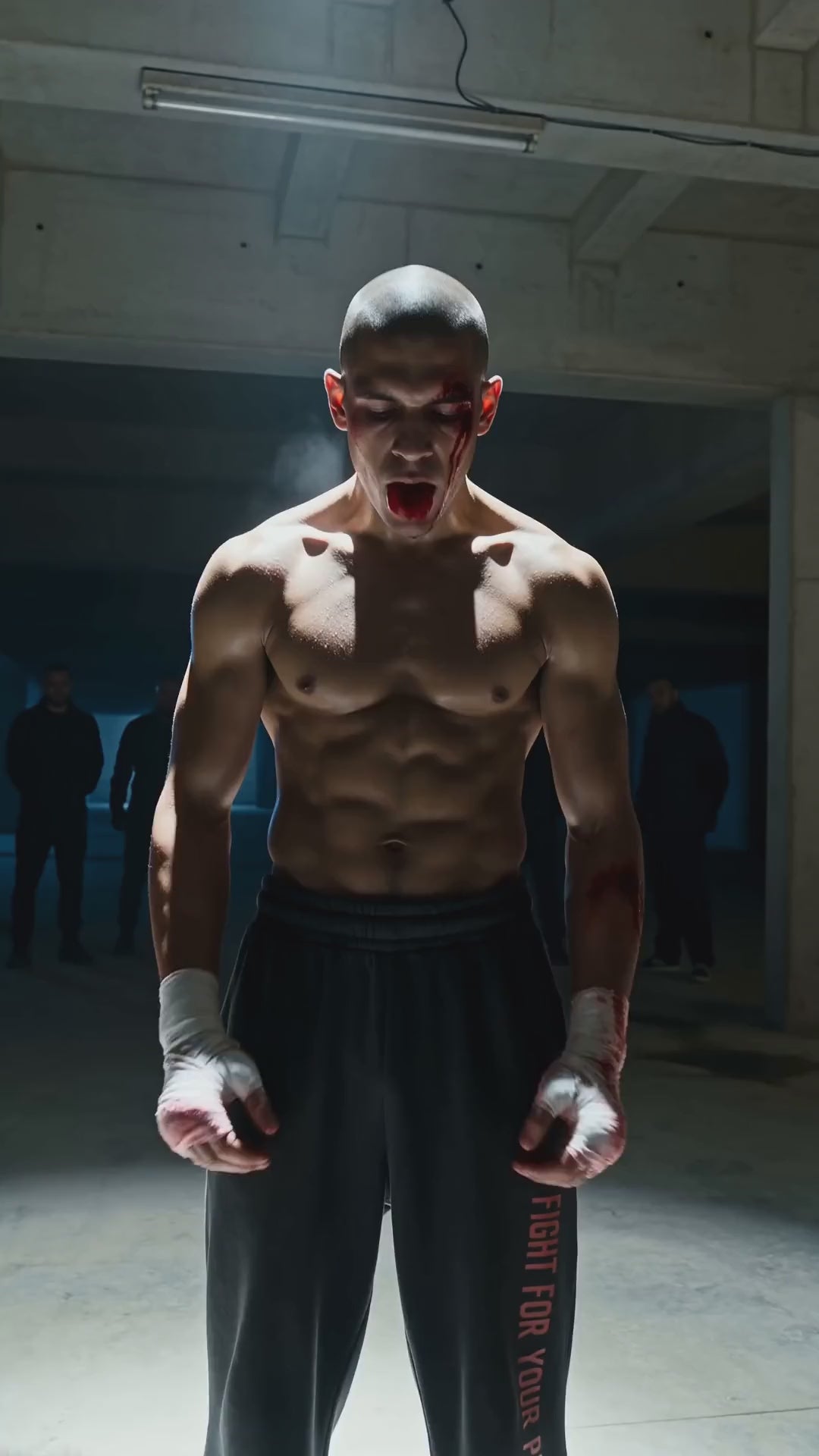 Spodnie Dresowe Heavyweight Nowrocky™ — mężczyzna bez koszulki z zabandażowanymi dłońmi krzyczy na parkingu podziemnym, sylwetki ludzi za nim, ciemne dresy z nadrukiem na nogawce.