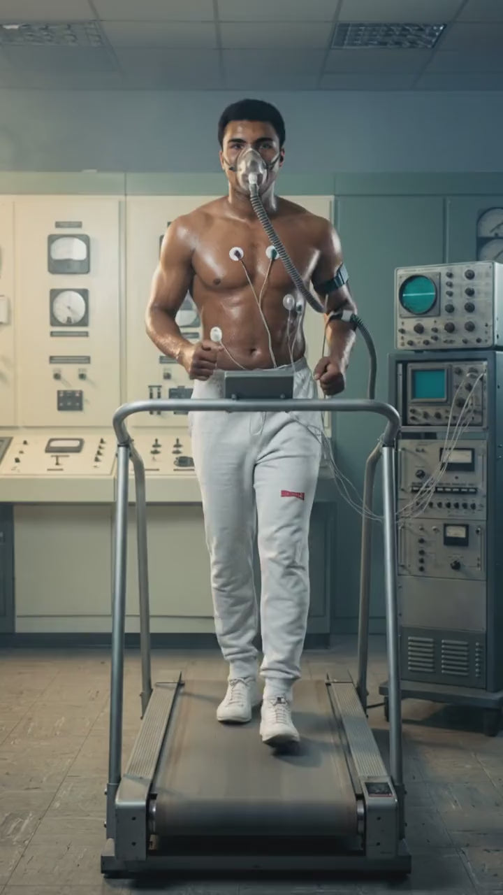Spodnie Dresowe Jogger Essential Nowrocky™ — mężczyzna idzie na bieżni w pracowni fizjologii w masce VO2max i z elektrodami na klatce, jasne joggery z czerwonym nadrukiem.