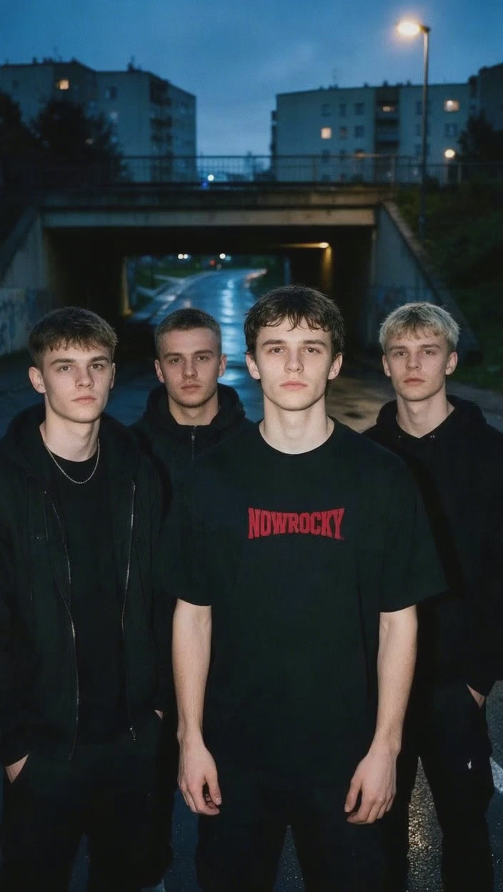 T-shirt Oversize Drop Shoulder Nowrocky™ — czterech młodych mężczyzn stoi pod wiaduktem o zmierzchu, pierwszy w czarnej koszulce z czerwonym logo NOWROCKY, bloki i latarnie za nimi.
